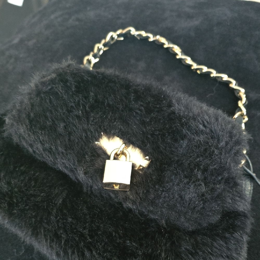 Aldo Black Faux Fur Clutch with Gold Chain